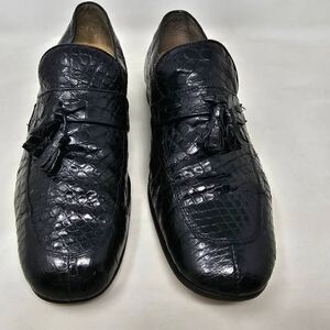 VINTAGE BLACK FULL CROCODILE LEATHER APRON TOE TASSEL LOAFER MENS 8 3.6" WIDE